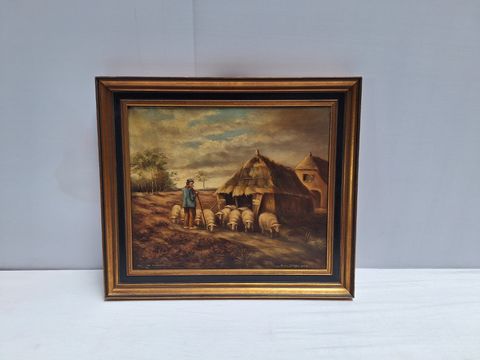 Schilderij herder met schapen "De Schaapskooi"1943