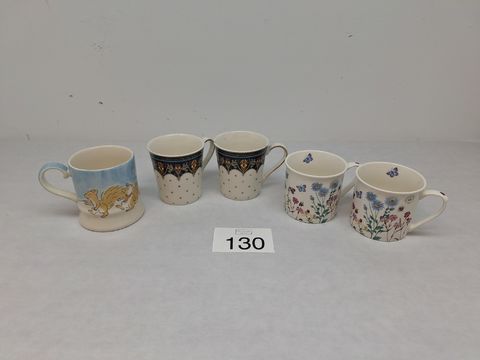 Vijf decoratieve fine china mokken van Britse merken Whittard of Chelsea en Royal Botanic Gardens Kew.