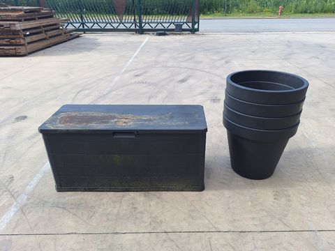 Kunststof tuinkussenbox / opbergbox met set van 4 ronde bloempotten (Ø 60 cm)